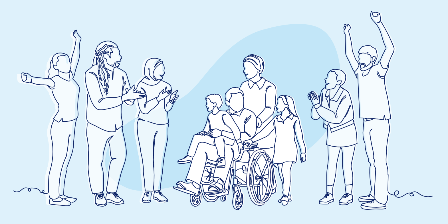 Pencil drawn image of children and families