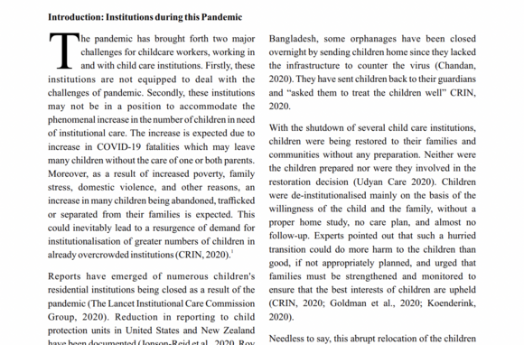 Impact of COVID-19 Pandemic on Children in Institutions: Learning for Child Protection