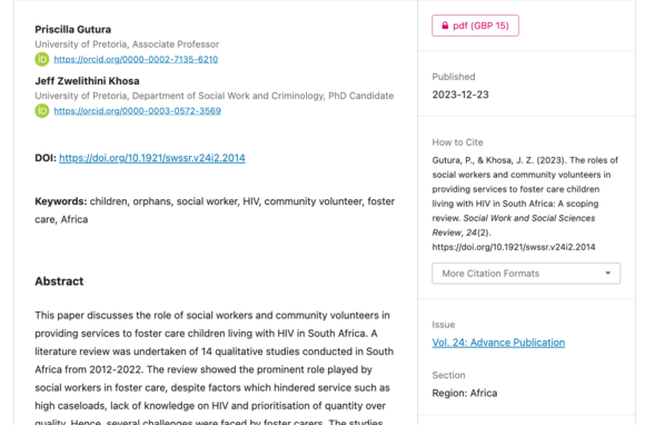 The Roles Of Social Workers And Community Volunteers In Providing Services To Foster Care Children Living With HIV In South Africa