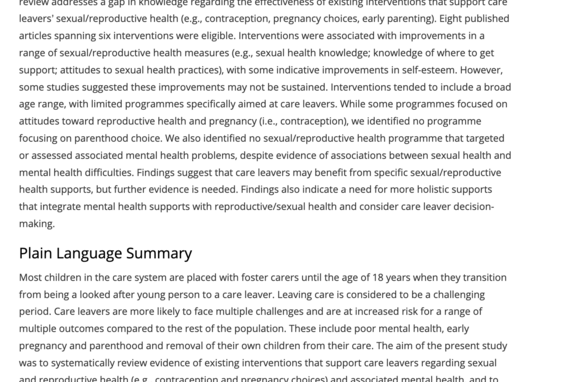 Interventions to support reproductive and mental health among care leavers: A systematic review