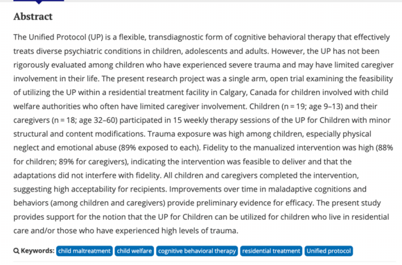 Feasibility and Acceptability of Implementing a Transdiagnostic Cognitive Behavioral Therapy for Children Impacted by Trauma Within a Residential Treatment Facility