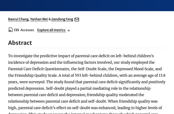 Lack of parental care increases depression of rural left-behind children in China: a moderated mediating effects*