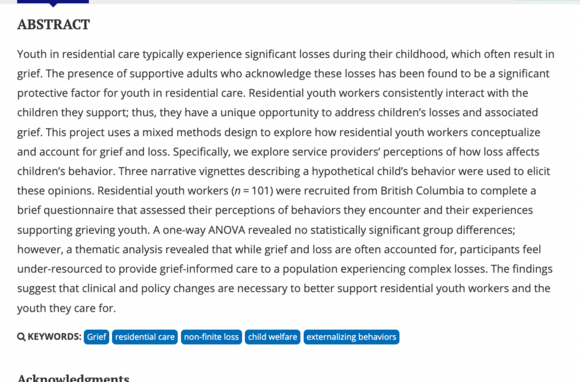 Residential Youth Workers’ Perceptions of Grief and Loss in Residential Care