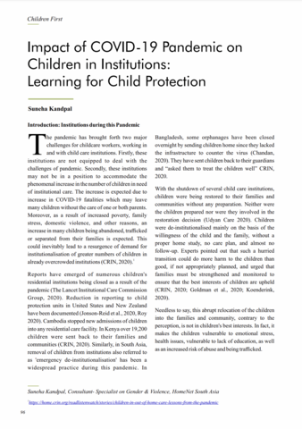 Impact of COVID-19 Pandemic on Children in Institutions: Learning for Child Protection