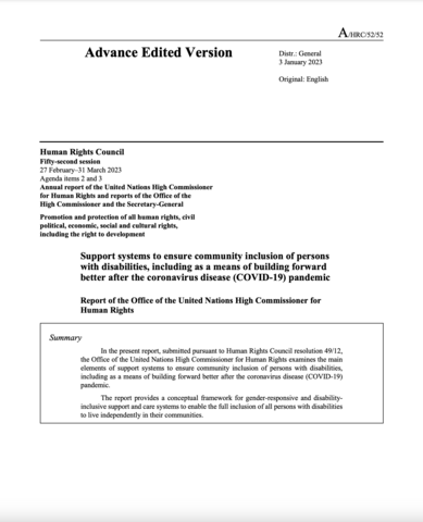 Support systems to ensure community inclusion of persons with disabilities, including as a means of building forward better after the coronavirus disease (COVID-19) pandemic - Report of the Office of the United Nations High Commissioner for Human Rights