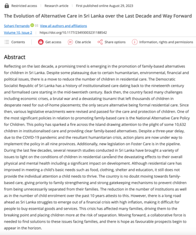 The Evolution of Alternative Care in Sri Lanka over the Last Decade and Way Forward