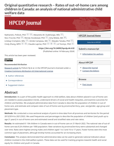 Original quantitative research – Rates of out-of-home care among children in Canada: an analysis of national administrative child welfare data