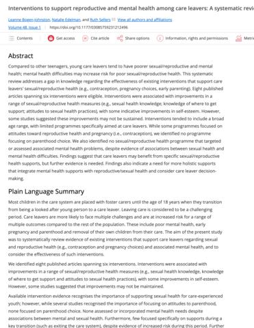 Interventions to support reproductive and mental health among care leavers: A systematic review