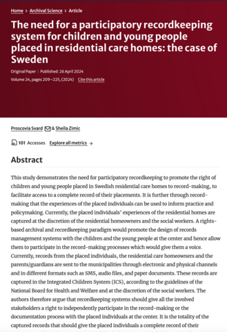 The need for a participatory recordkeeping system for children and young people placed in residential care homes: the case of Sweden